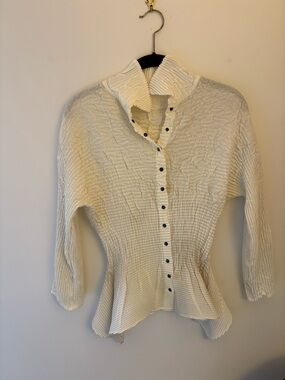Cream Textured Ruffle-Collar Blouse by babette of San Francisco
